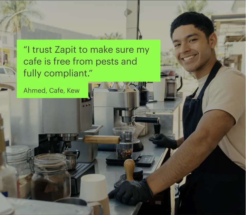 Model photo with a real customer quote: I trust Zap It to make sure my cafe is free from pests and fully compliant. Ahmed, Cafe, Kew