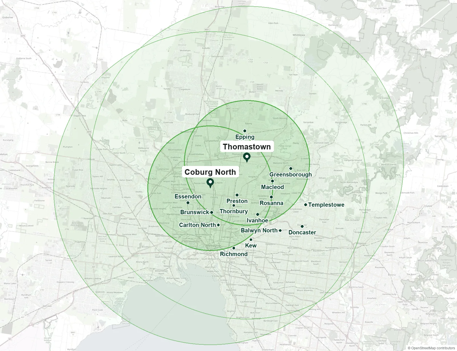 Map of the Zap It Pest Control service area. Melbourne's north and inner suburbs, within 25 km in a straight line of our Coburg North and Thomastown bases.