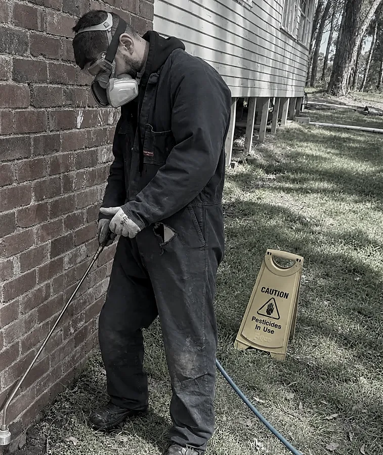 Zap It technician spraying a liquid termite barrier along the brick wall of a house, next to a Pesticides in Use sign